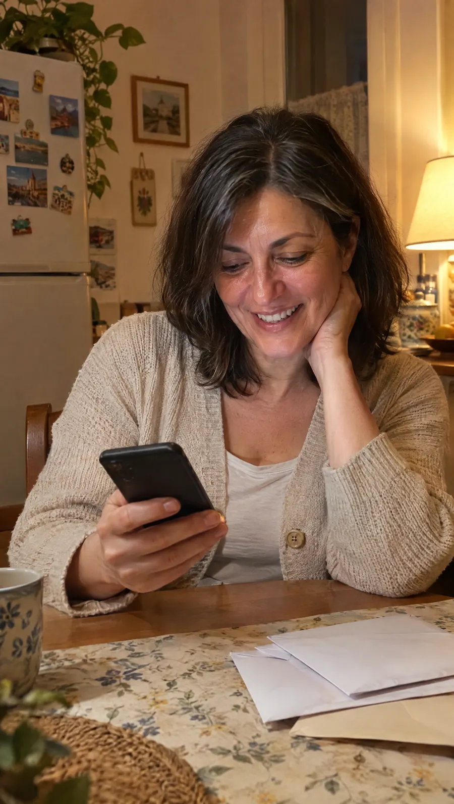 La sera, al tavolo di cucina, sorride leggendo dal telefono